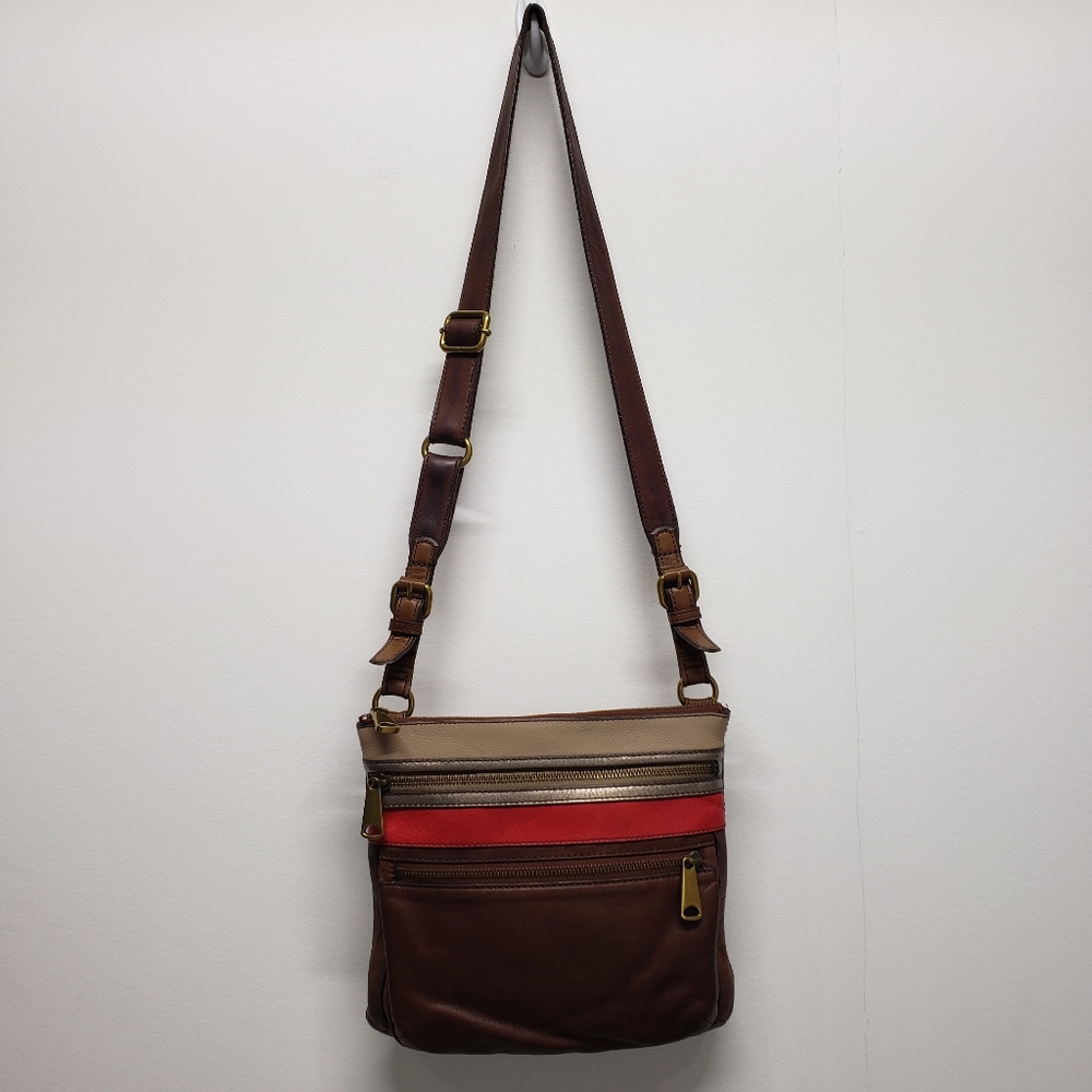 Fossil Brown and Red Crossbody Bag